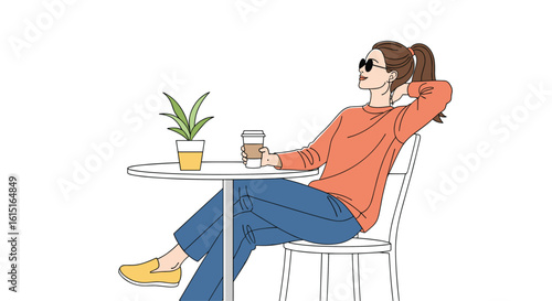 A woman relaxing at a table with a drink and a plant enjoying a moment of peacefulness