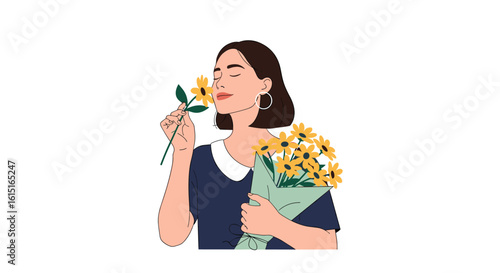 Young woman with a bouquet of yellow flowers enjoys the sweet floral scent in a serene moment of natural beauty and simple pleasures