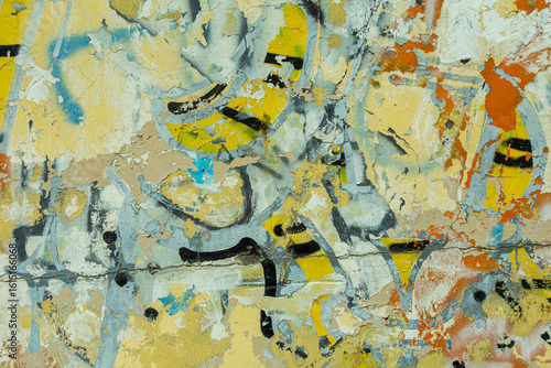 Fotografie Abstract: crumbling graffiti on a city street wall