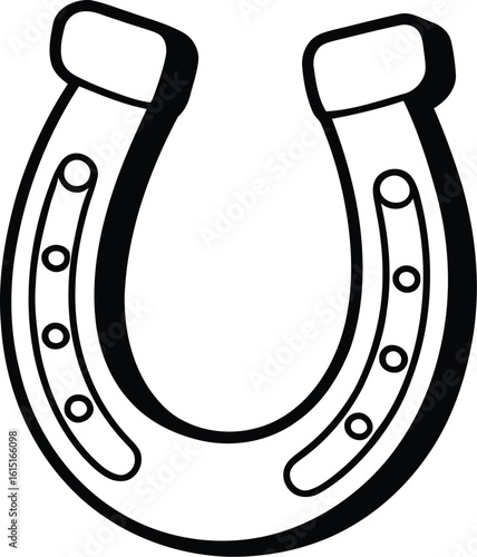 Black and White Horseshoe Outline Vector Icon Illustration with Transparent Background - Lucky Charm Symbol for Western, Cowboy, Farm, and Good Fortune Designs.