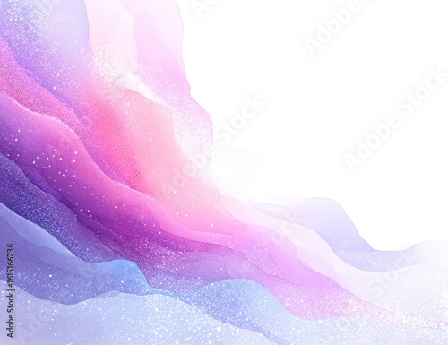 Abstract watercolor waves cascading diagonally with shades of purple, pink, and blue. Soft textures and shimmering sparkles create a dreamy, ethereal effect against a white background