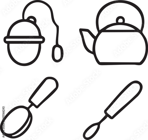 Tea Kettle Tea Infuser and Spoon Illustration.