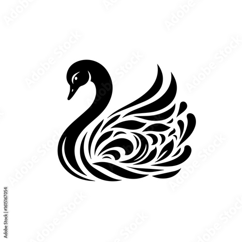 Ornate black swan silhouette isolated on white background