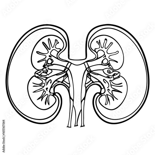 Detailed illustration of human kidneys in anatomical view  on a transparent background