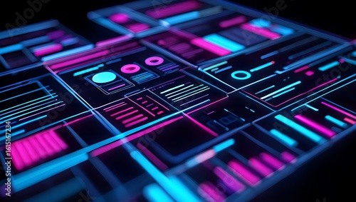 Digital Dashboard Interface with Neon Data Visualization Elements Futuristic Technology