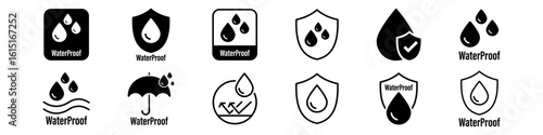 Waterproof icons. Water Proof. Collection of water resistant signs. Water protection, liquid proof protection. Shield with water drop. Anti wetting material, hydrophobic fabric, surface protection