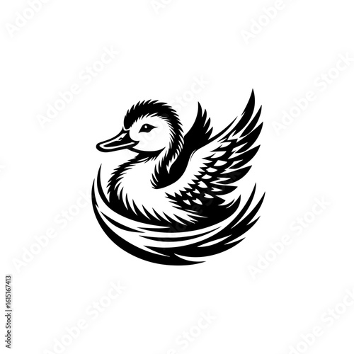 A stylized duck with detailed feathers on a white background