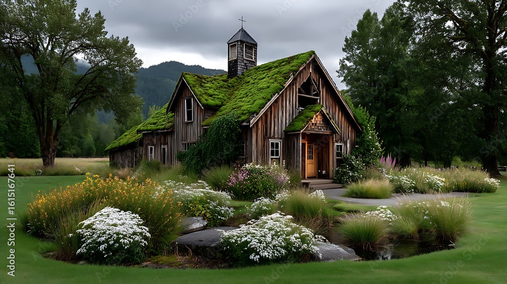 Obraz premium Weathered barn house in lush green meadow high resolution image