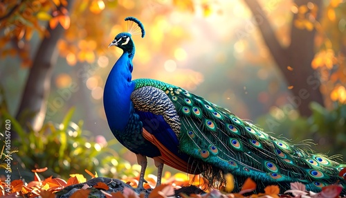 Vibrant peacock in autumnal setting, sunlight illuminating its plumage