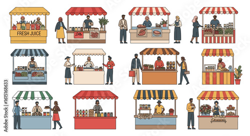 Diverse people shopping at various outdoor market stalls featuring fresh produce and goods