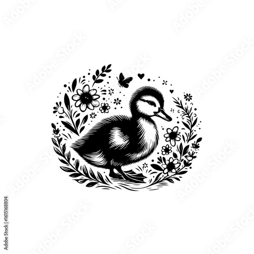 A cute duckling surrounded by flowers and leaves