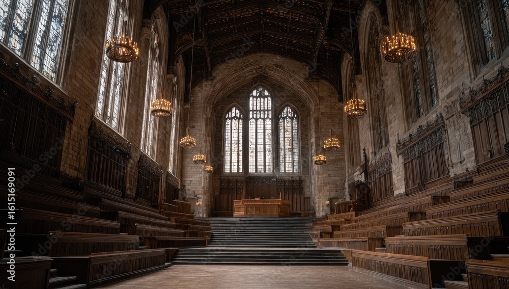 Fototapeta premium Grand hall featuring gothic arches, stained glass windows, tiered seating, and hanging chandeliers. Stone walls and wood paneling add to the historical ambiance