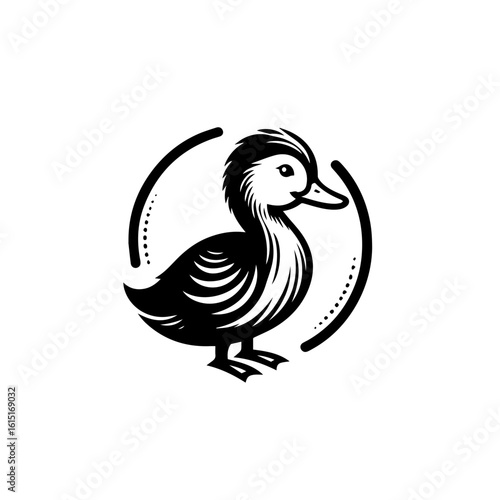 A cute duck illustration in a circle, isolated on white background