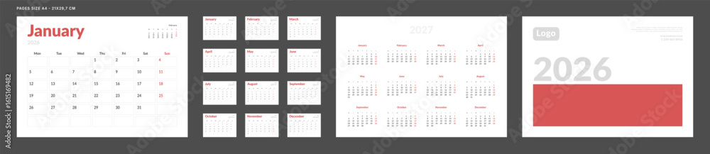 Φωτογραφία 2026 Calendar Planner Set of Template grid Monthly Page, Cover with Place for Photo, Company Logo, Annual 2027