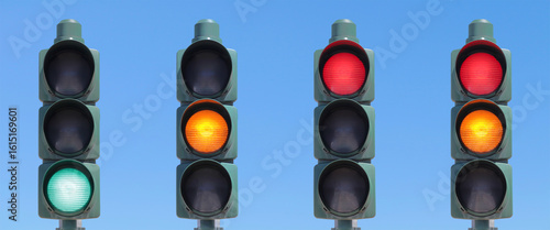 Traffic light sequence: green, yellow, red and red + yellow signals.