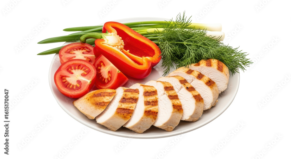 Isolated Grilled Chicken Slices with Vegetables Isolated Grilled Chicken Slices with Vegetables