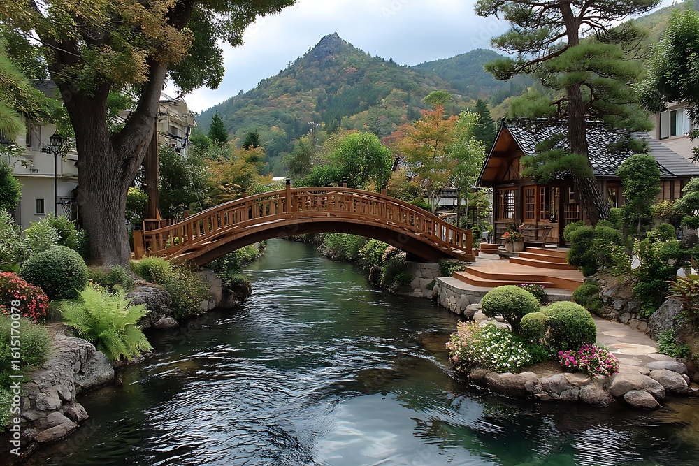 Fototapeta premium Wooden garden bridge over peaceful floral stream high resolution image