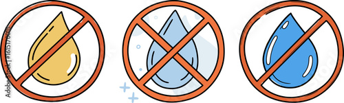 Warning icons for preventing liquid spills in various colors  