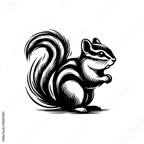 A stylized chipmunk sitting, black and white illustration