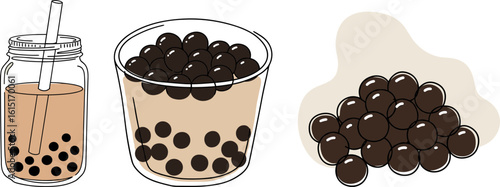 Bubble tea drinks with black tapioca pearls in different containers  