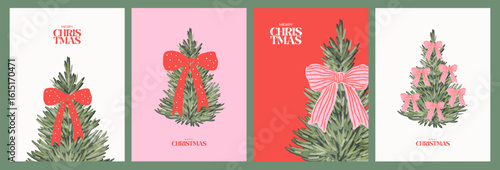 Merry Christmas and Happy New Year greeting card set. Modern beautiful Xmas design with Christmas tree decorated with big red bow and striped pink bow and typography. Minimal art banner, poster, cover