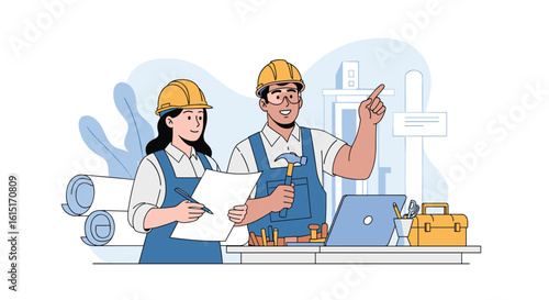 Construction workers collaborating on a building project discussing plans and blueprints with tools and equipment on a table