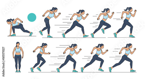 Athletic woman demonstrating sprinting motion sequence for fitness training and exercise visualization