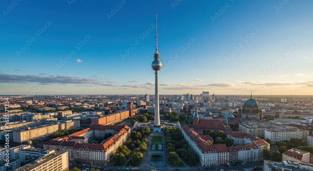 Fototapeta premium Panoramic view of Berlin cityscape with the iconic Television Tower at dawn splendor