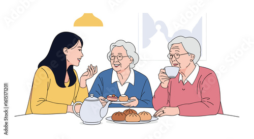 Three generations of women enjoying a tea time conversation and refreshments together in a cozy home setting illustrating family bonding and intergenerational connection