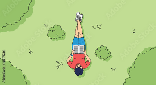 Man lying on the grass surrounded by green trees and bushes experiencing a moment of peace and quiet in nature