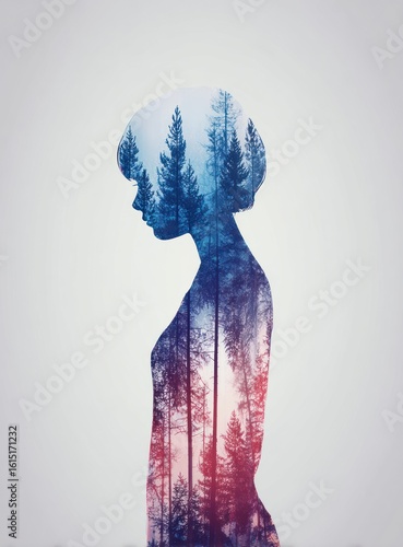 Double exposure woman's silhouette filled with a vibrant forest scene. Her head is bowed, and the trees display cool blues and warm pinks, contrasting on a grey background