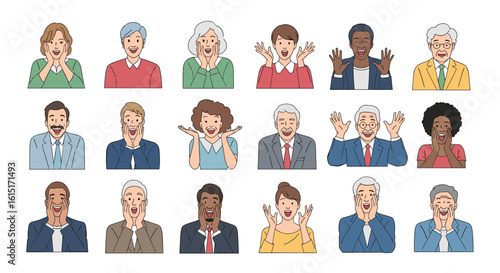 Collection of pixel art portraits expressing diverse human emotions and reactions in close up detail