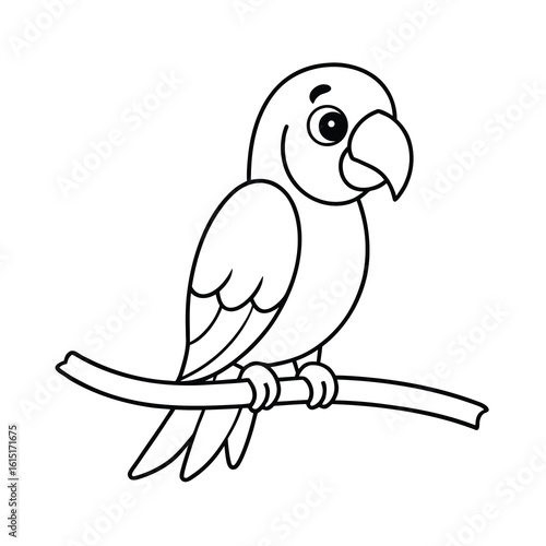cute cartoon parrot on a branch coloring page for kids on white background 