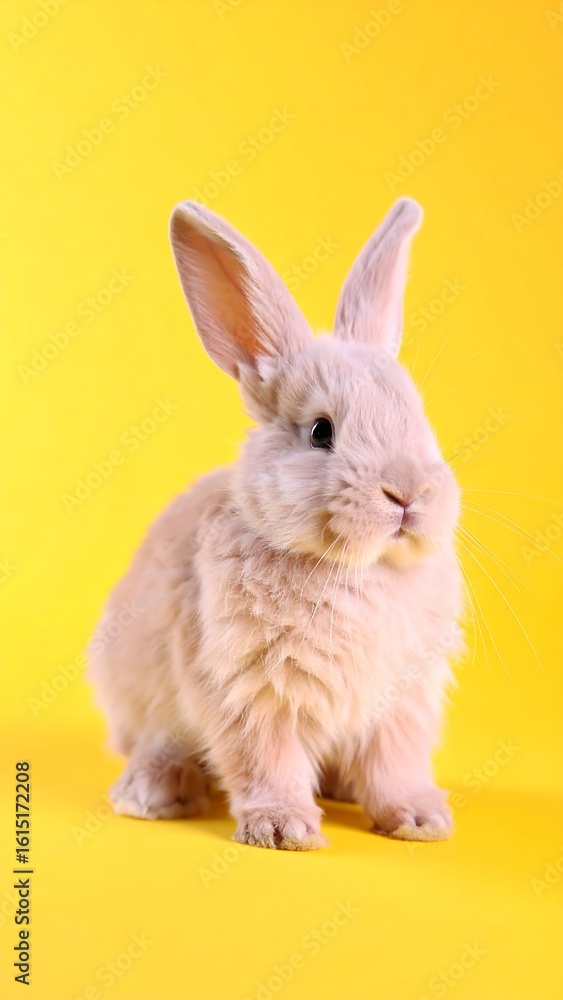 Fototapeta premium A light beige bunny against a bright yellow background