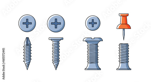Collection of various metal fasteners including screws and thumbtacks for construction and office use