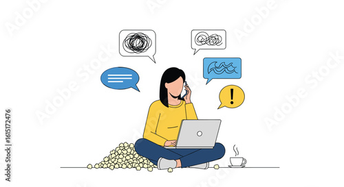 Woman receives bad news on phone while working on laptop amidst chaos and disarray of her personal life and work