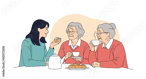 Three generations of women sharing stories and laughter over tea and pastries