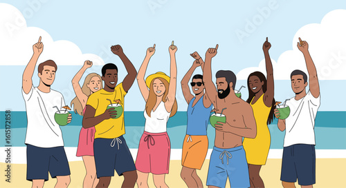 Joyful group of diverse friends celebrating on a sunny beach enjoying tropical drinks and lively music with upbeat energy and positive vibes