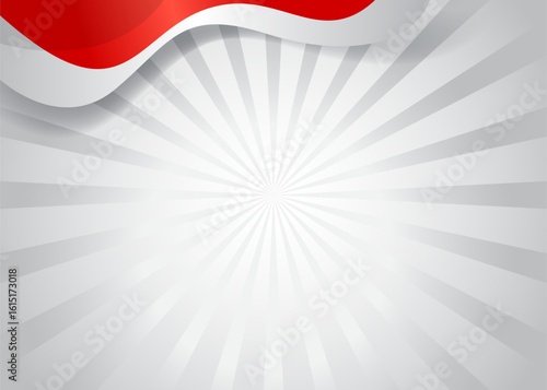 Red and white wavy banner over a gray radial burst background, symbolizing Indonesian nationalism and pride.