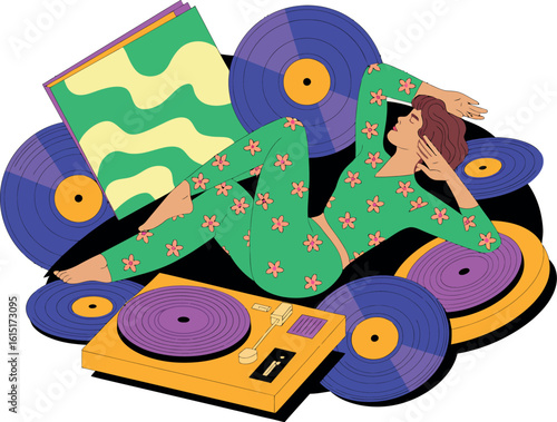 A woman in green floral pajamas lying on vinyl records with a yellow record player nearby art