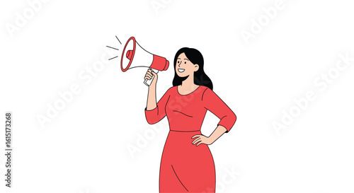 Woman holding a megaphone announcing something important with excited expression and sound waves emanating from the speaker symbolizing a loud message
