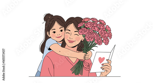 A daughter's loving embrace and beautiful bouquet expressing deep gratitude and affection for her cherished mother