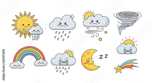 Collection of whimsical pixel art weather icons featuring smiling sun clouds rain rainbow and crescent moon