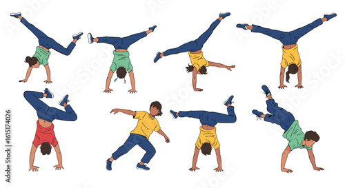 Dynamic artistic gymnastics moves executed by diverse athletes demonstrating strength and agility