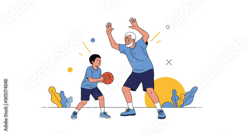 Father and son enjoy a friendly basketball game together outdoors on a sunny day skillful playful bonding activities