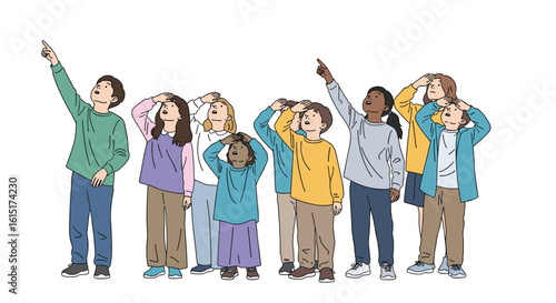 A diverse group of children gazing upwards showing curiosity and wonder together