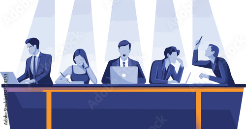 Illustration of a panel of judges sitting behind a table with laptops and spotlights above them