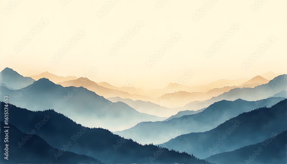 Fototapeta premium Misty blue mountains fade into a hazy golden sky
