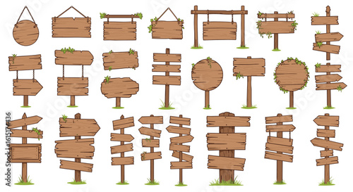 Collection of wooden signposts and directional boards for outdoor and forest settings featuring natural materials and simple designs