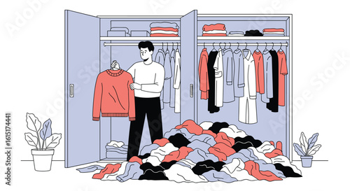 A man stands in a messy bedroom looking through clothes in a disorganized closet with a large pile of garments on the floor in front of him